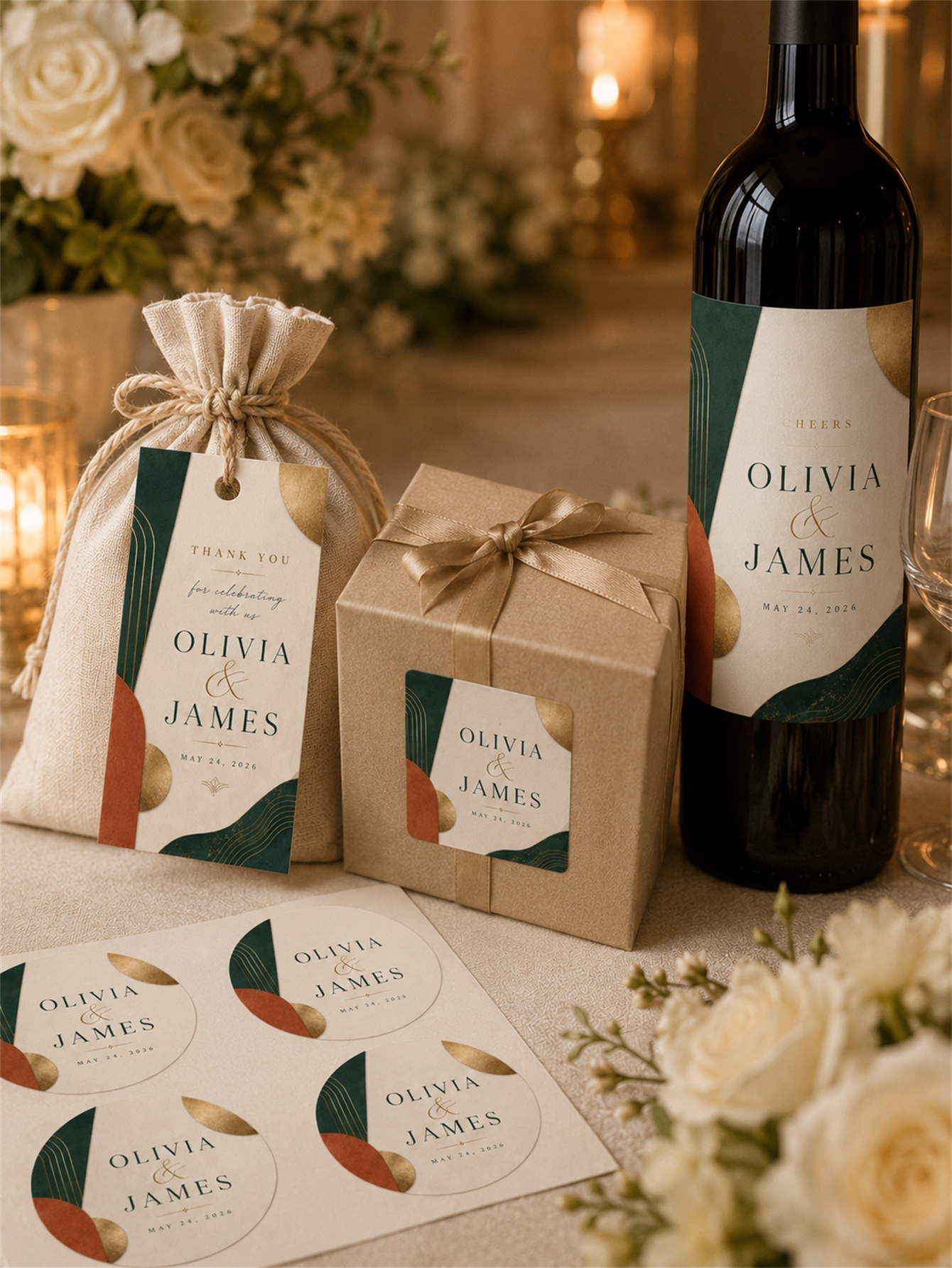Emerald green and terracotta rust wedding decorations - abstract curved shapes for a modern and luxurious wedding - custom names and dates